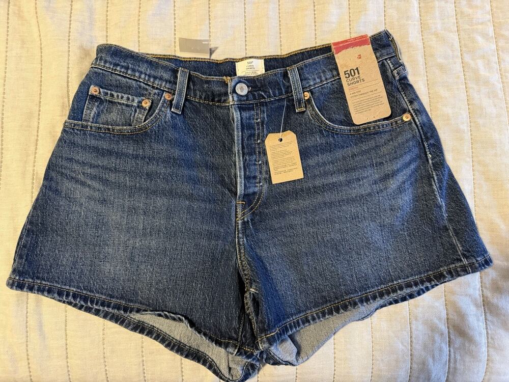 Levi's 501 Curve Shorts Womens Size 32 Dark Blue Denim Red Tab Button Fly New